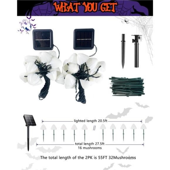 2PK 55FT 32LED Orange and Green Solar Mushroom Lights Outdoor, Solar String - Picture 5 of 7